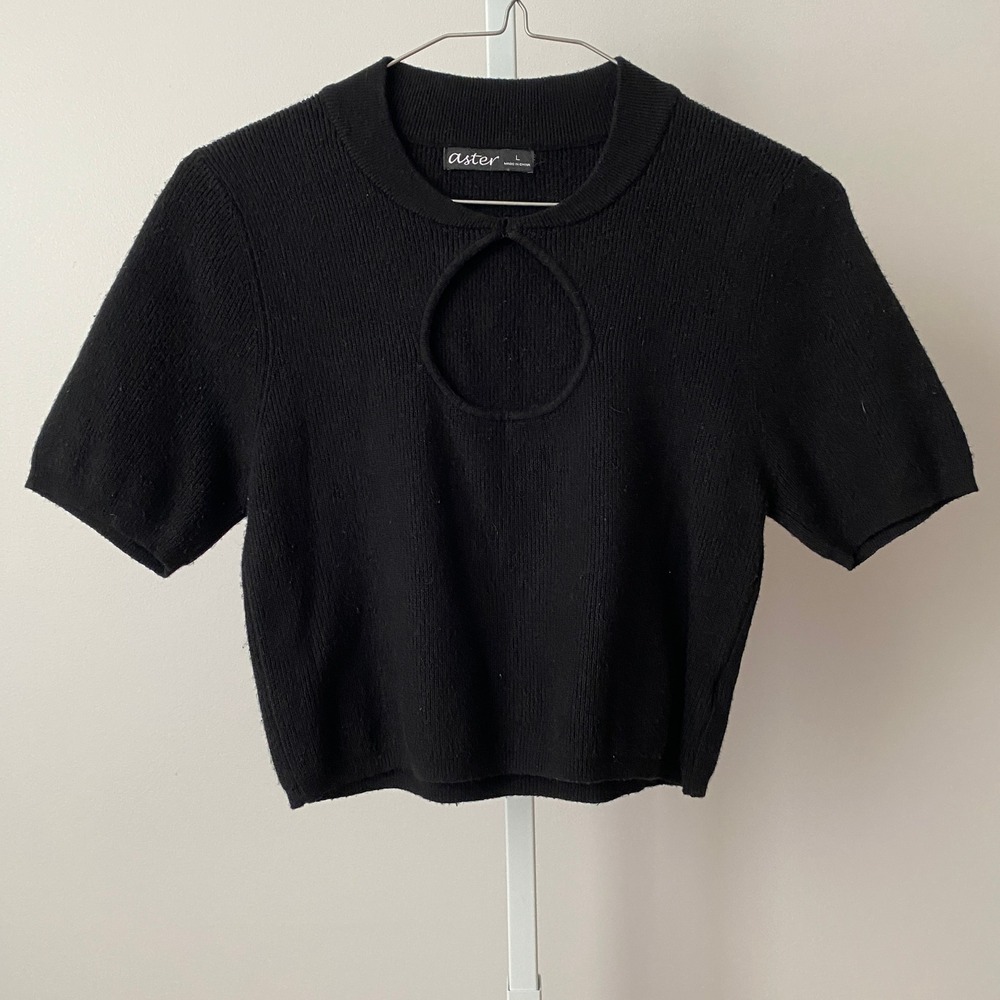 Aster sz L Black Knit Keyhole Cutout Short Sleeve Crop‎ Top Y2K